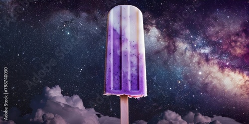 Purple ice cream on a stick floating in space with stars and planets and space dust.