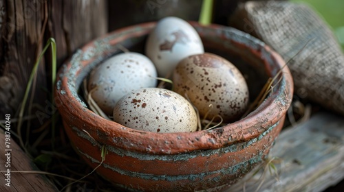 Four eggs of the grey partridge in a clay pot photo