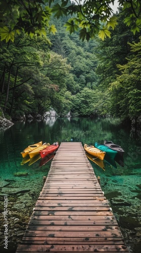 Tranquil Waterway Amidst Lush Forest Scenery with Docked Kayaks and Canoes