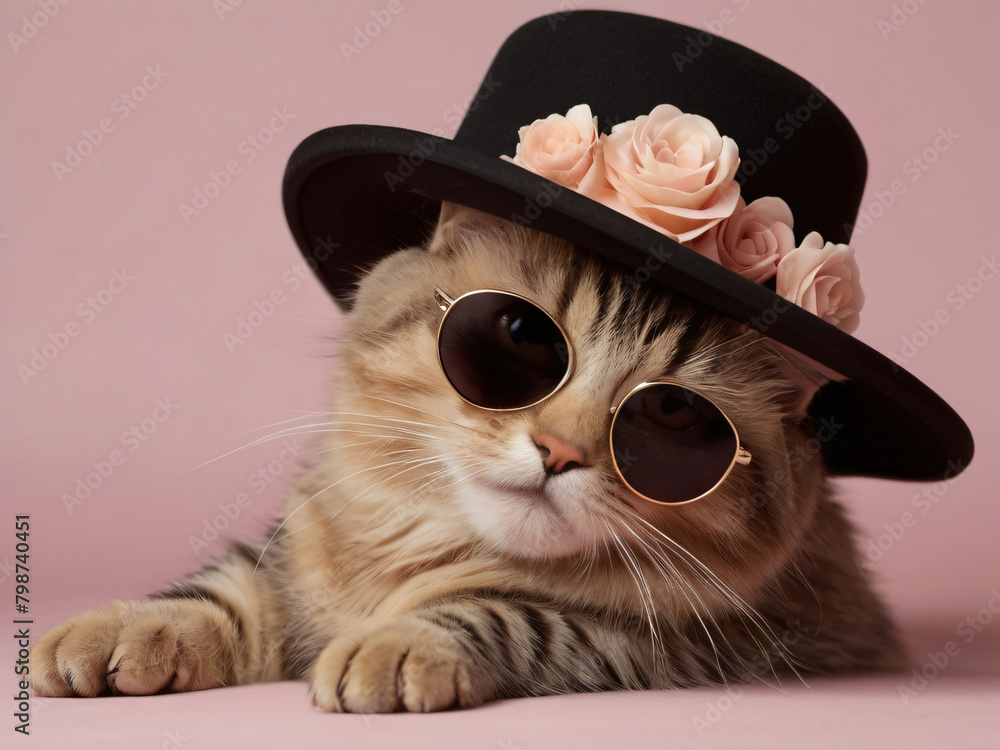 Naklejka premium Cute Cat in hat with flower and sunglasses