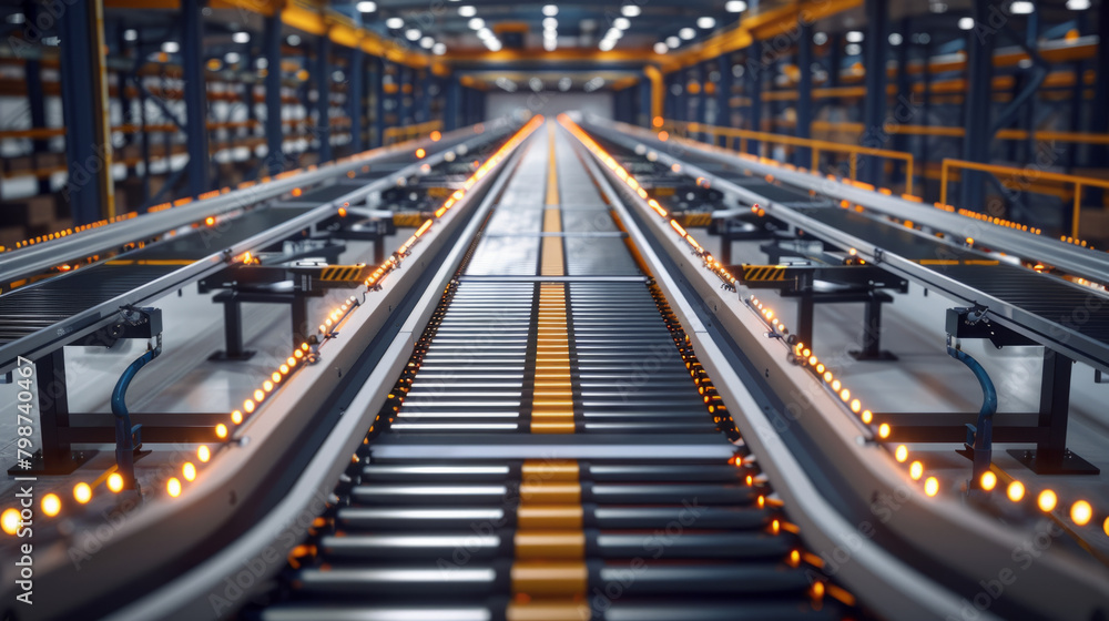 A detailed overview of a large warehouse's conveyor system, highlighting its complexity and intricate pathways devoid of personnel. A detailed overview of a large warehouse's conveyor system, highlighting its complexity and intricate pathways devoid of personnel.