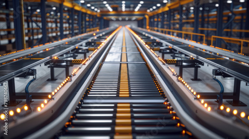 A detailed overview of a large warehouse's conveyor system, highlighting its complexity and intricate pathways devoid of personnel.