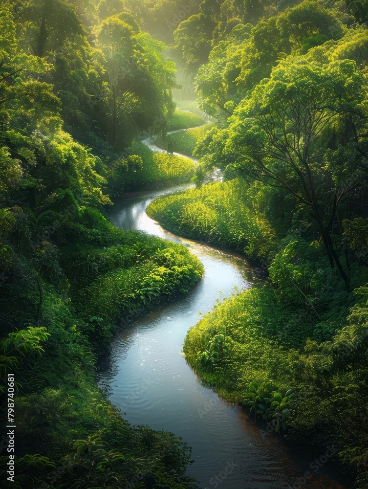 Winding River Flowing Through Lush Green Forest with Dappled Sunlight Winding River Flowing Through Lush Green Forest with Dappled Sunlight