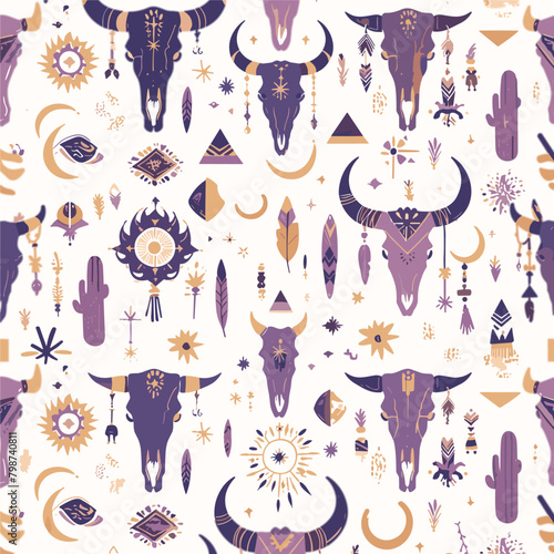 A seamless pattern of boho elements, cacti and cow skulls in black ink with pastel purple accents on a white background, in a fantasy western style, vintage design, vector art, printable digital paper