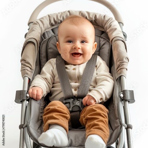 The child is sitting in a stroller, warmly dressed. Close-up.Isolated on a white background. Cheerful, happy. He feels cozy, comfortable and safe. A resource for advertising baby strollers and childre photo