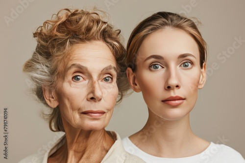 Aging acne management techniques process aging skin treatments in narratives, skincare and makeup for two-faced trends in portrait halves, proposing solutions for age and skin rejuvenation methods.