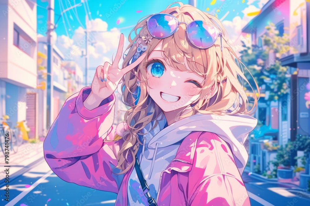 Happy and beautiful anime girl smiling and showing a peace sign in the street, wearing a windbreaker, colorful art style