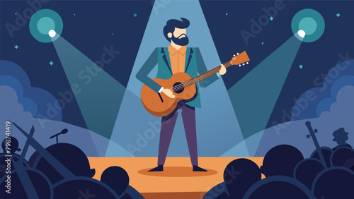 A lone guitarist takes center stage serenading the audience with a heartfelt blues solo that tugs at the heartstrings.. Vector illustration