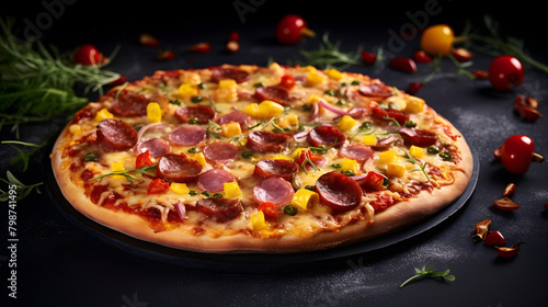 Italian pizza with sausages corn and cheese. 