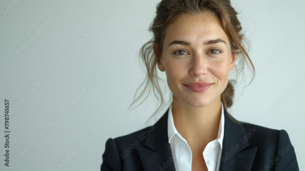 A confident female businesswoman in a suit smiling against a white background, exuding happiness and professionalism. A confident female businesswoman in a suit smiling against a white background, exuding happiness and professionalism.