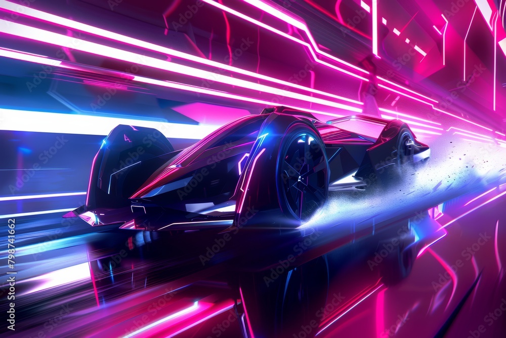 A futuristic race car illustrated with vibrant neon lights, portraying a sense of high-tech speed and modern automotive design