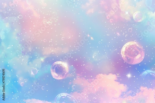 Whimsical soap bubbles float amongst pastel clouds in a dreamy skyscape, invoking a sense of wonder and imagination. photo