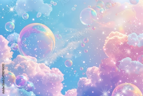 Whimsical soap bubbles float amongst pastel clouds in a dreamy skyscape, invoking a sense of wonder and imagination.