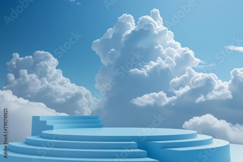 A dreamy sky with fluffy clouds surrounds a blue podium, perfect for heavenly product placements or tranquil presentations