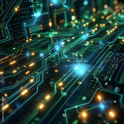 Hightech digital interface with circuit patterns and glowing blue and green data streams