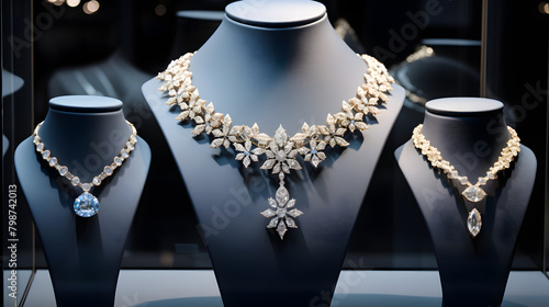 Jewelry diamond rings and necklaces show in luxury