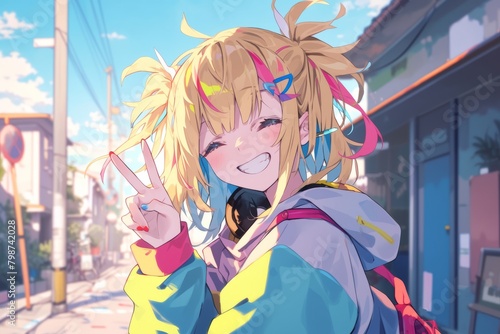 Happy and beautiful anime girl smiling and showing a peace sign in the street, wearing a windbreaker, colorful art style