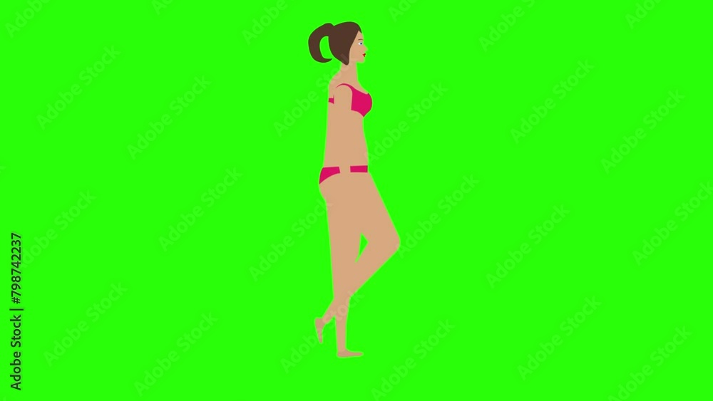 Woman walking in the bikini, beach theme, seamless loop flat cartoon character animation, chroma key Woman walking in the bikini, beach theme, seamless loop flat cartoon character animation, chroma key