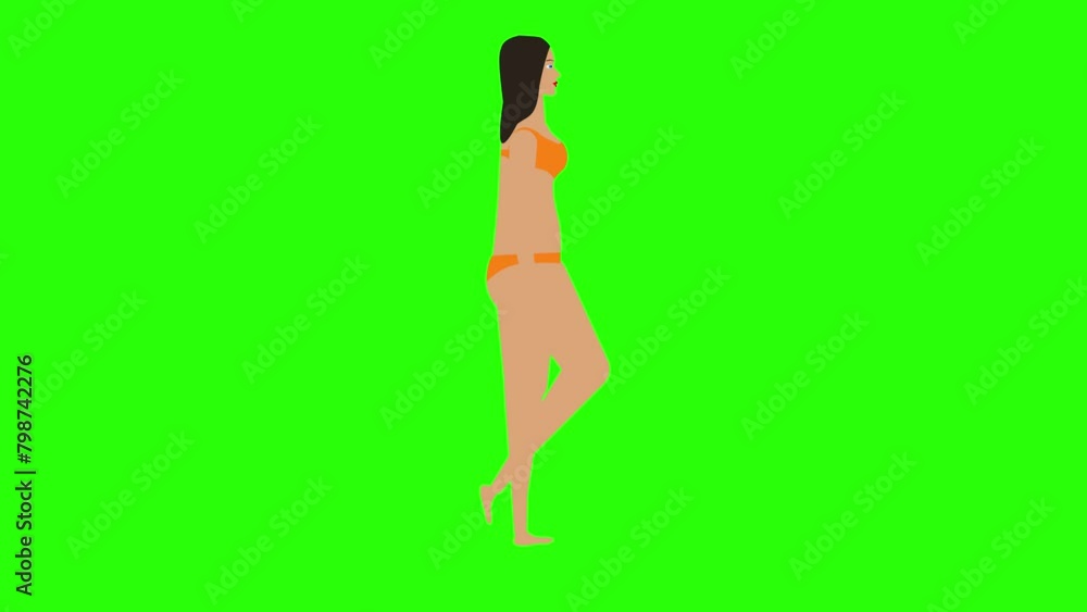 Woman walking in the bikini, beach theme, seamless loop flat cartoon character animation, chroma key Woman walking in the bikini, beach theme, seamless loop flat cartoon character animation, chroma key