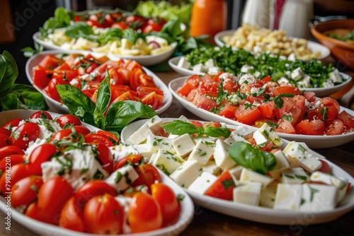 Lot Of Food. Italian Menu with Caprese Salad and Variety of Dishes on Table