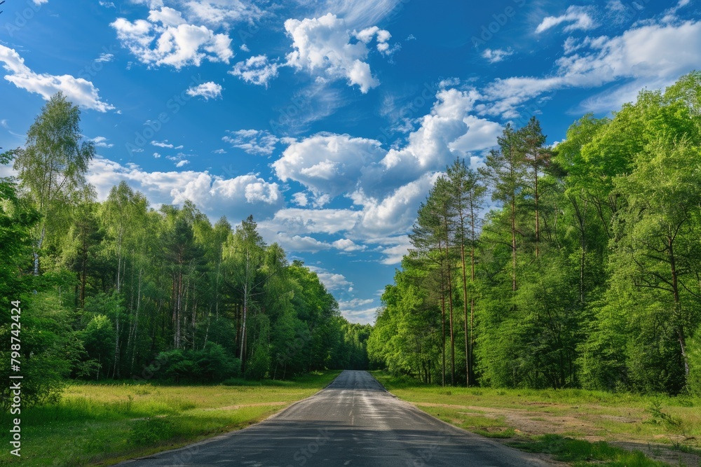 Blue Sky Road. Empty Highway in Green Forest Landscape under Summer Nature