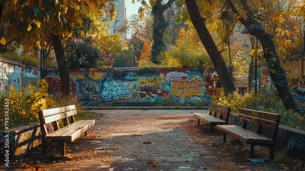 The integration of graffiti art in local park setting enhances community engagement and provides a unique backdrop for gatherings.