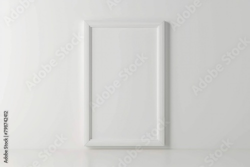 White Art Frame. Vertical Blank Picture Frame on Isolated White Wall