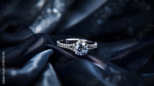 Jewelry rings with diamond on black cloth soft focus