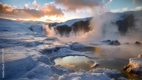 Witness the awe-inspiring spectacle of a geyser forcefully erupting and propelling water into the atmospheric heights, Steaming geysers surrounded by fluffy snow in a icy landscape photo