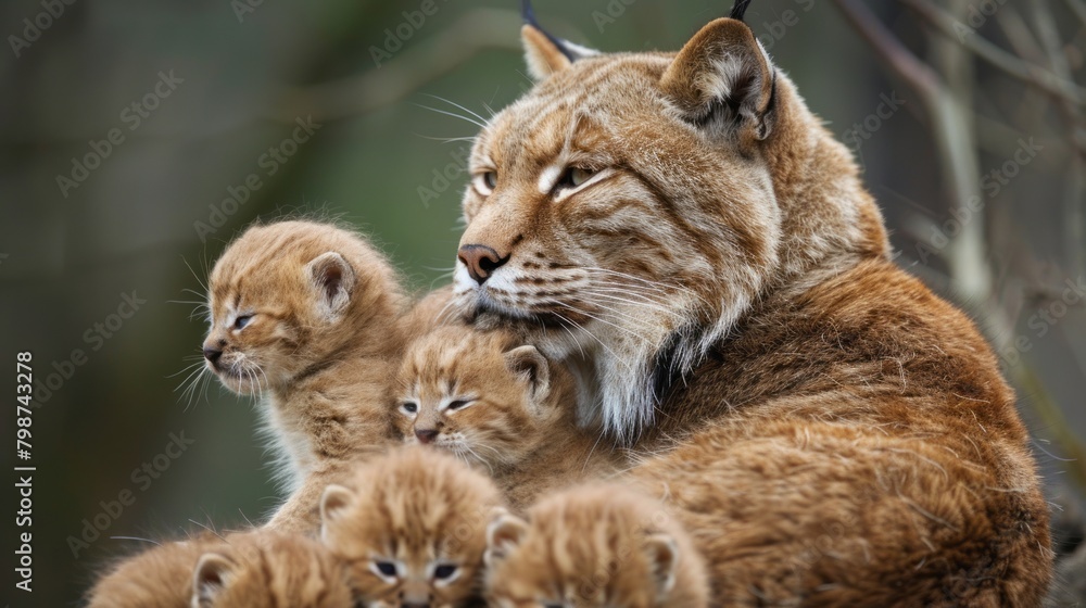 Obraz premium A lynx mother with her kittens in the wild.