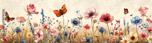 Charming cottage garden filled with blooming flowers and butterflies, depicted in a watercolor style for a gentle and artistic wallpaper © Phawika