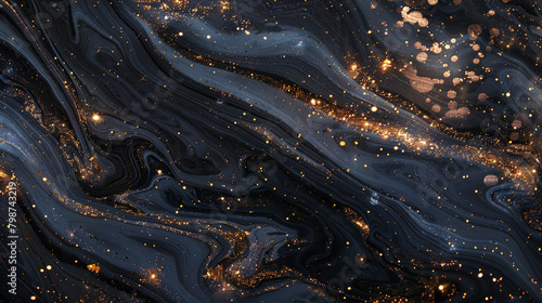 Starry charcoal marble ink illuminated by golden glitters and pulsating with glowing particles, like a galaxy in the dark.