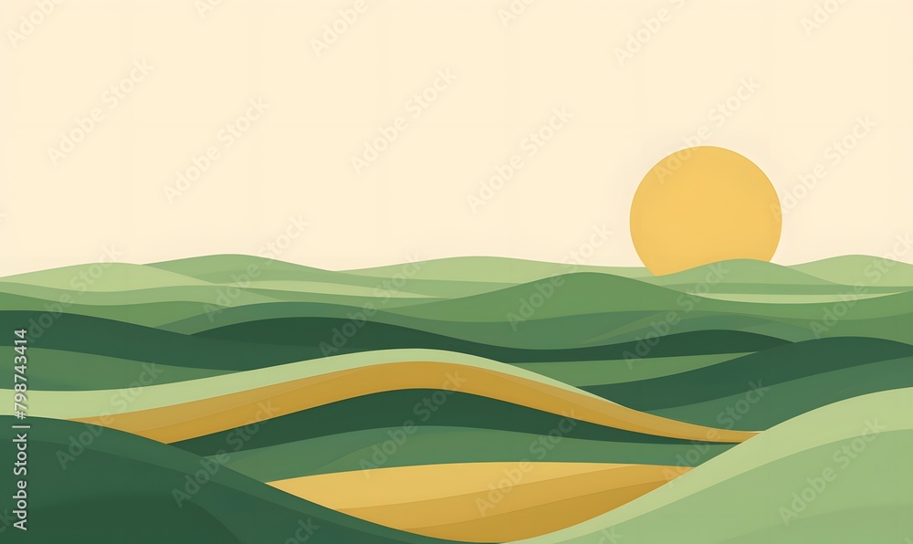 Obraz premium A landscape of flat design rolling hills in alternating shades of green and earth tones, Generative AI