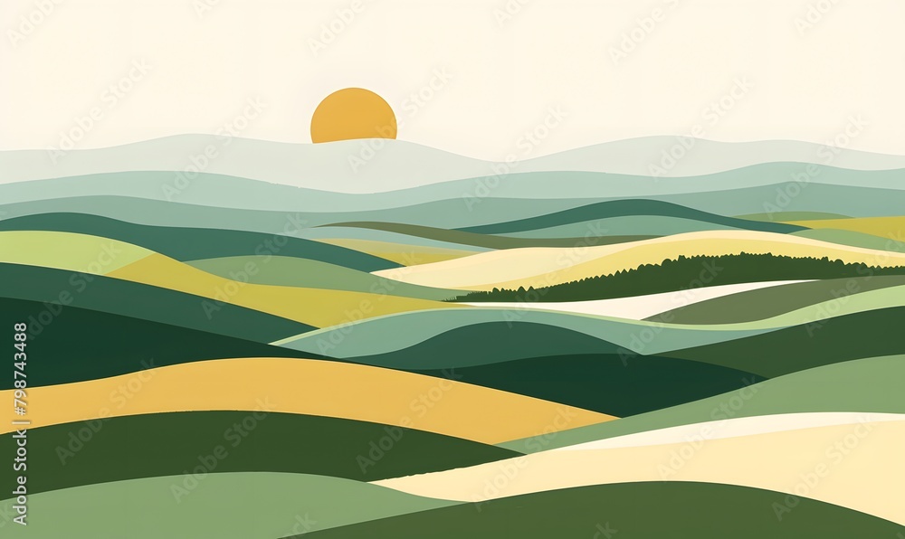 Obraz premium A landscape of flat design rolling hills in alternating shades of green and earth tones, Generative AI