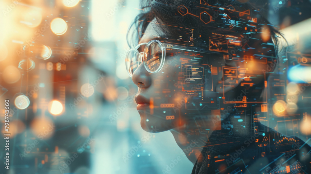 A visually striking representation of the intersection between technology and human capabilities through double exposure photography. A visually striking representation of the intersection between technology and human capabilities through double exposure photography.