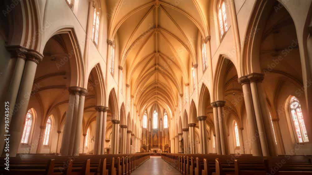 A stunning cathedral featuring rows of pews and exquisite stained glass windows, The interior of a cathedral with soaring arches
