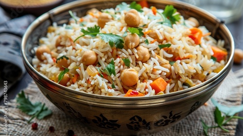 Chickpea Rice Dish Combined with Vegetables or Basmati Rice Pilaf with Chana Known as Chana Pulao photo