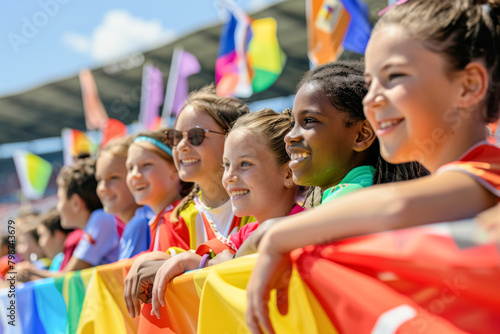 Group of happy children watching together a sports event in the stadium 