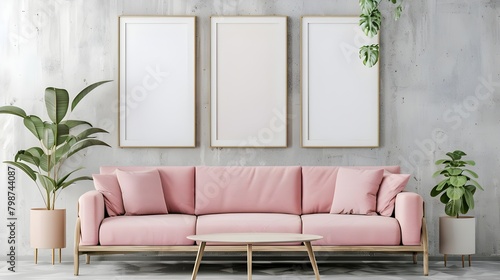 Blank poster frames mock up in Bright living room with pink sofa and light blue wall, pink arches on wooden floor , green plants, living room interior background, 3d rendering ai generated 