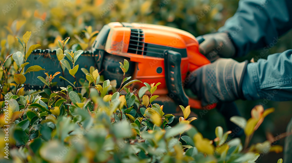 A gardener cuts bushes with an electric pruner. Selective focus. A gardener cuts bushes with an electric pruner. Selective focus.