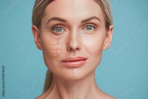 Skincare and makeup trends for two-faced portrait halves offer age and skin rejuvenation solutions, led by women managing aging skin care stages and face lifts in mature contexts.