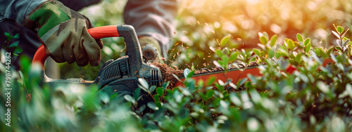 A gardener cuts bushes with an electric pruner. Selective focus. photo