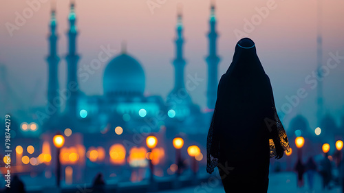 An Arab woman in a burqa looks at the mosque. Selective focus. photo