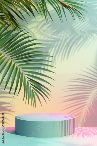 Summer 3D background with podium and palm leaves.