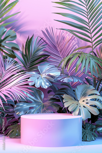 .podium for product display with tropical palm leaves background.