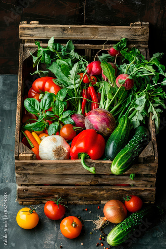 harvest of vegetables in a wooden box. Selective focus.