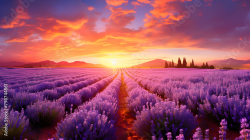 Lavender flower field with sunset view