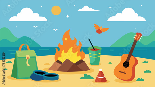 A beach cleanup followed by a bonfire and acoustic music with reusable bags provided for collecting trash and biodegradable utensils for the