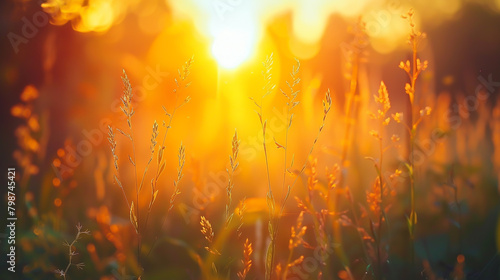 Serenely Captured Sunset Amidst Untamed Tall Grass  Amidst Scenic Rural Beauty 