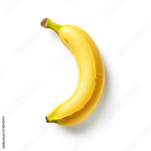 A single banana isolated on a white background, casting a soft shadow, ideal for a minimalist and clean visual representation of the fruit